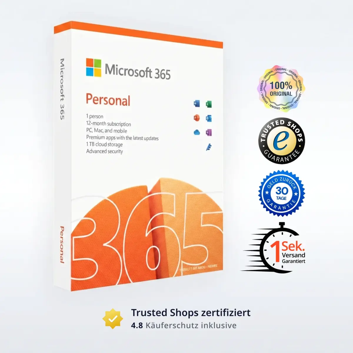 Office 365 Personal Software-Box mit bunten Symbolen. Abzeichen zeigen 100% Original, Trusted Shops Garantie, 30 Tage Rückgabe und 1-Sekunden-Versand. Unten finden Sie eine 4,8-Sterne-Bewertung von Trusted Shops. Enthält alle Funktionen von Office 365 Personal.