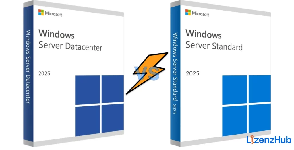 Produktboxen von Windows Server 2025 Standard und Windows Server 2025 Datacenter mit VS-Symbol – Vergleich der Servereditionen für Unternehmen