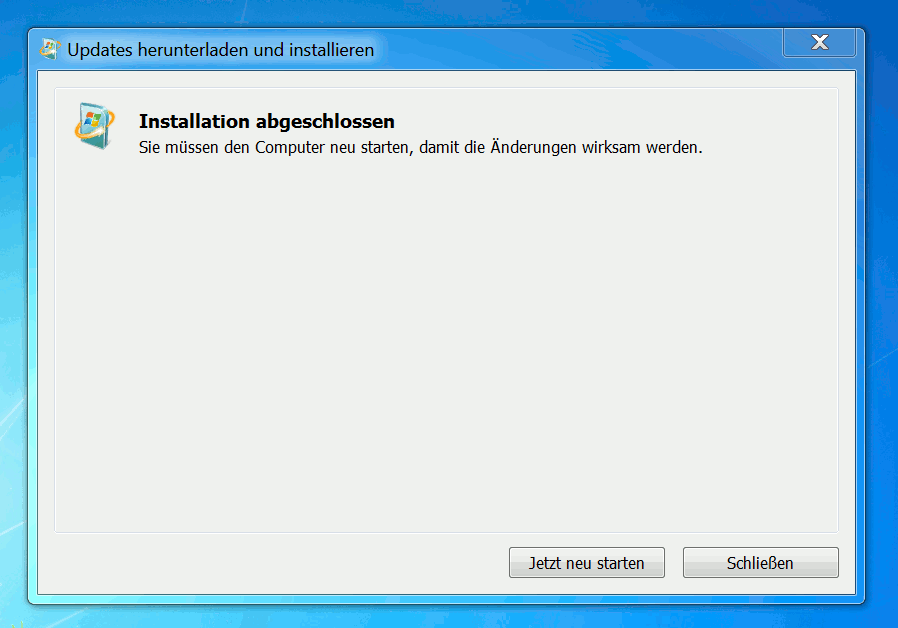 Screenshot des Windows Update-Installationsfensters mit der Meldung „Installation abgeschlossen“. Der Benutzer wird aufgefordert, den Computer neu zu starten, damit die Änderungen wirksam werden.