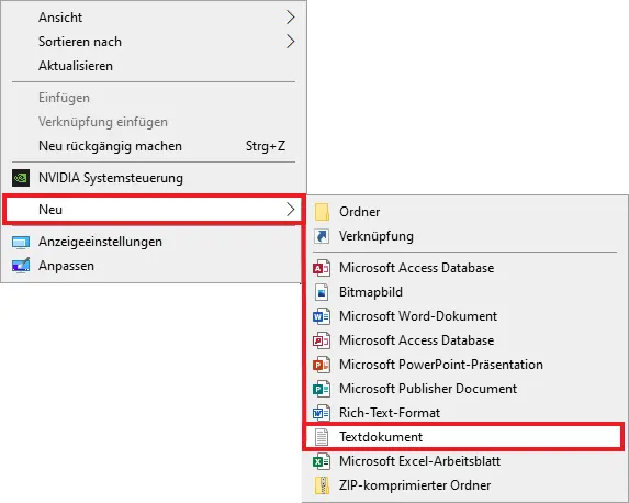 Screenshot eines Windows-Kontextmenüs nach einem Rechtsklick auf den Desktop. Die Option „Neu“ ist markiert, ebenso wie die Auswahl „Textdokument“, um eine neue Textdatei zu erstellen.