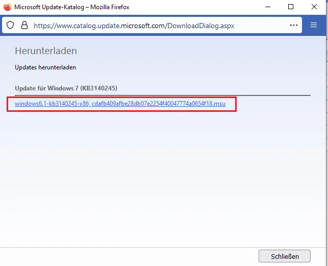 Screenshot des Microsoft Update-Katalogs mit dem Download-Link für das Windows 7 Update KB3140245. Dieses Update ist erforderlich, um TLS 1.2 unter Windows 7 zu aktivieren.