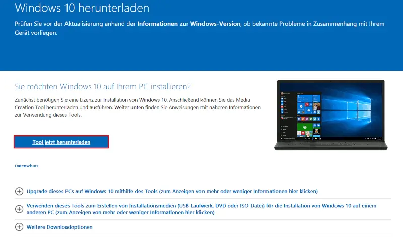 Screenshot der offiziellen Microsoft-Website mit der Download-Seite für das Windows 10 Media Creation Tool. Der Button „Tool jetzt herunterladen“ ist markiert, um das Installations-Tool für Windows 10 zu starten.