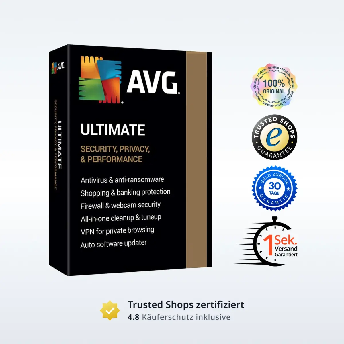 AVG Ultimate Produktbild mit Trust-Badges und Bewertungs-Icons