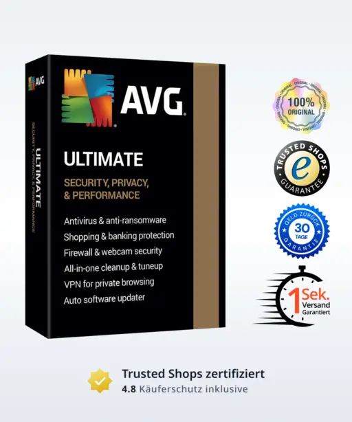AVG Ultimate Produktbild mit Trust-Badges und Bewertungs-Icons