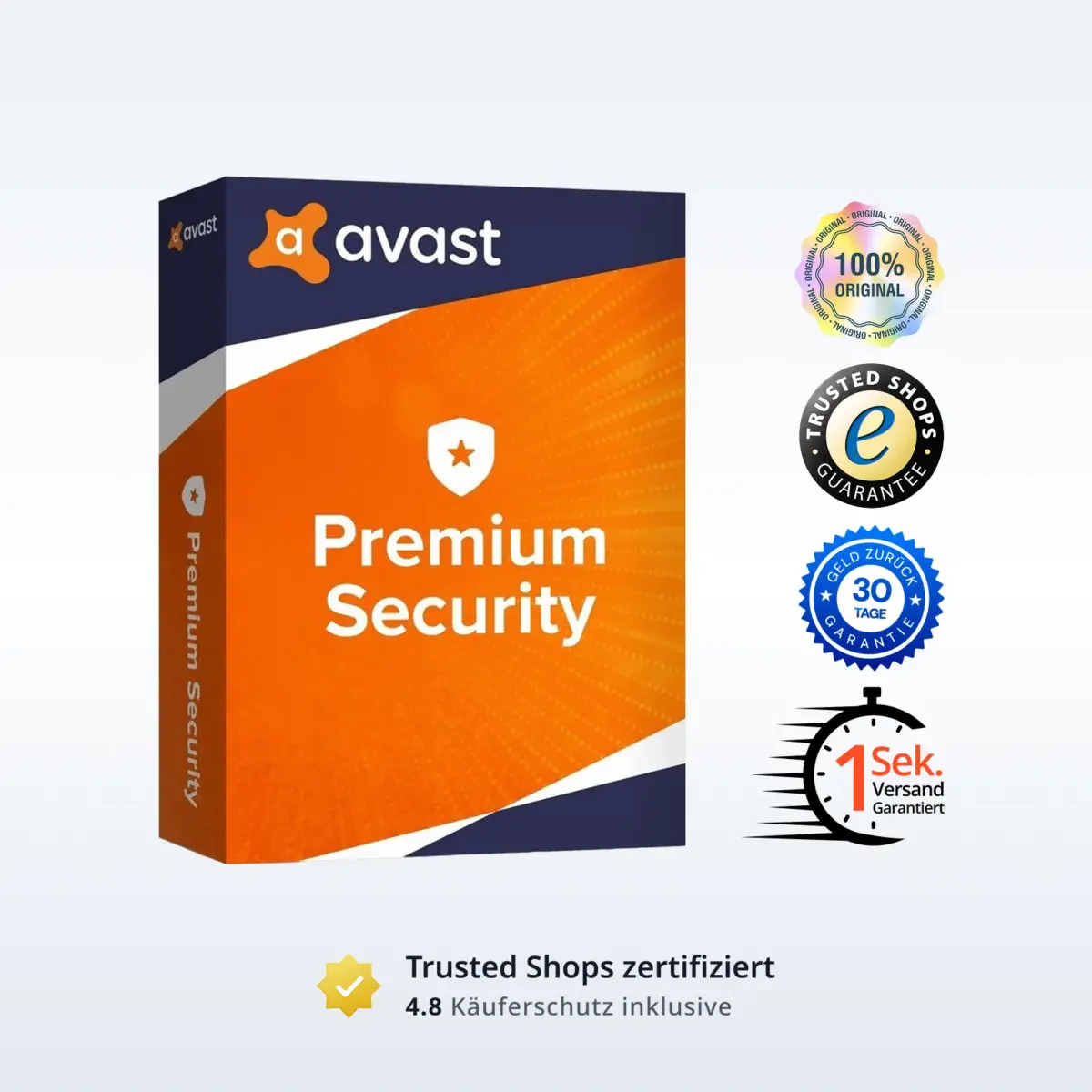 Avast Premium Security Produktbild mit Trust‑Badges und Bewertungs‑Icons