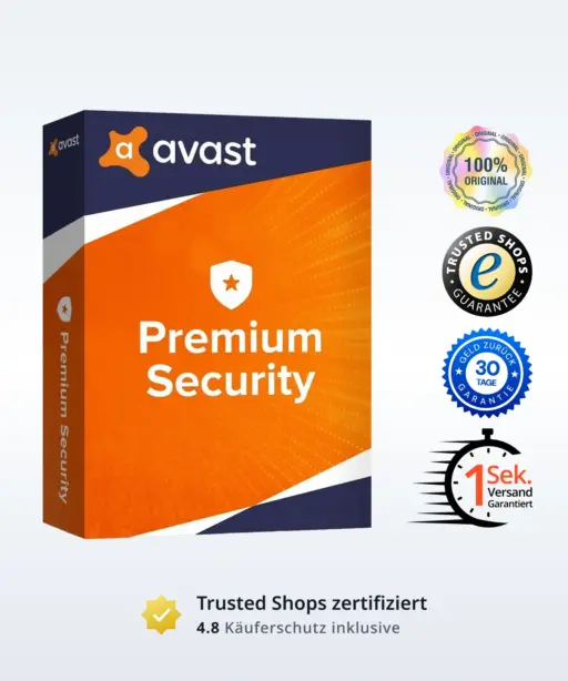 Avast Premium Security Produktbild mit Trust‑Badges und Bewertungs‑Icons