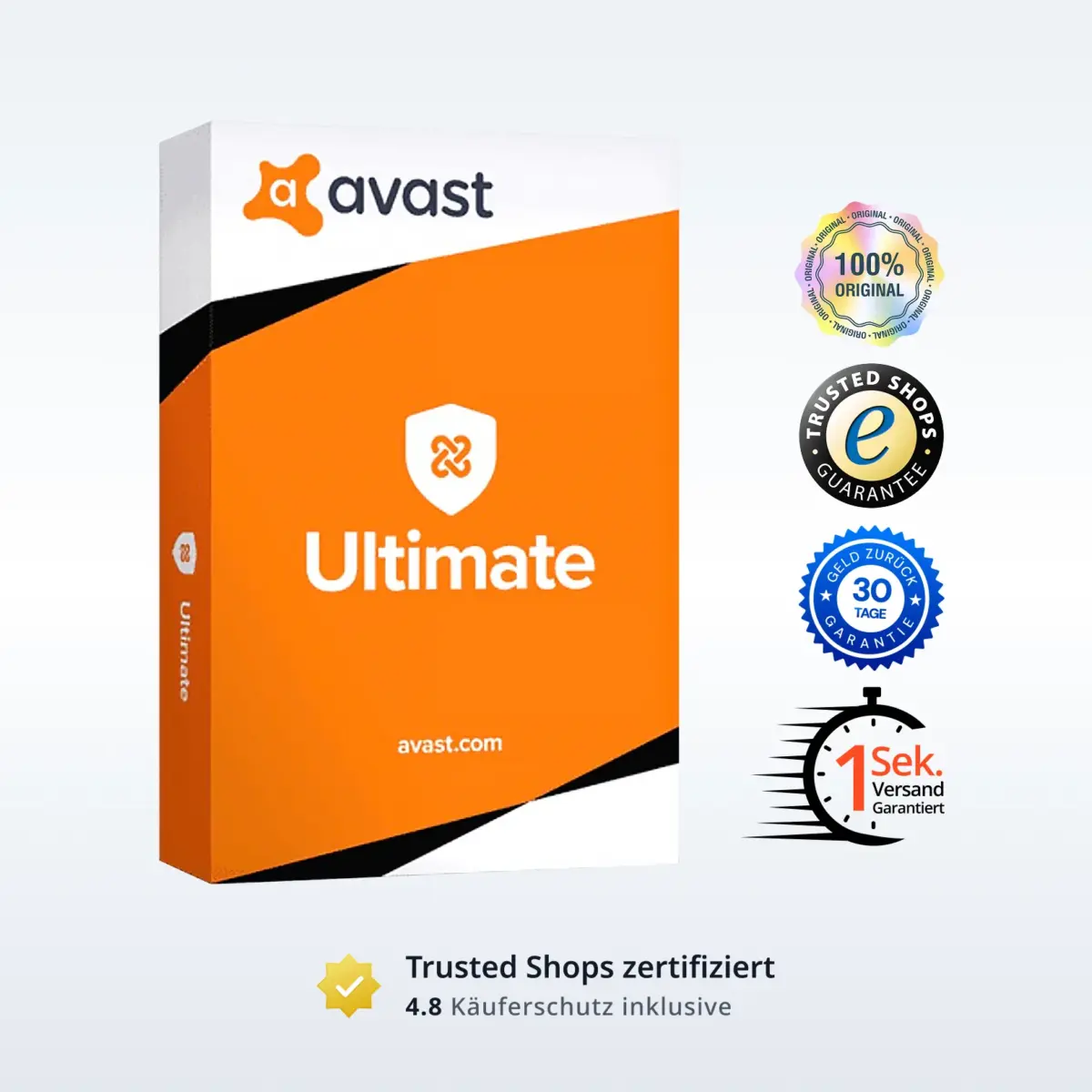 Avast Ultimate Produktbild mit Trust‑Badges und Bewertungs‑Icons