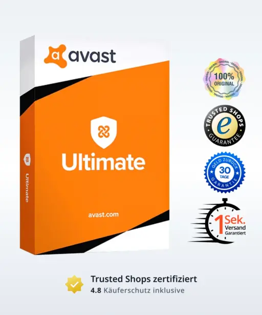 Avast Ultimate Produktbild mit Trust‑Badges und Bewertungs‑Icons