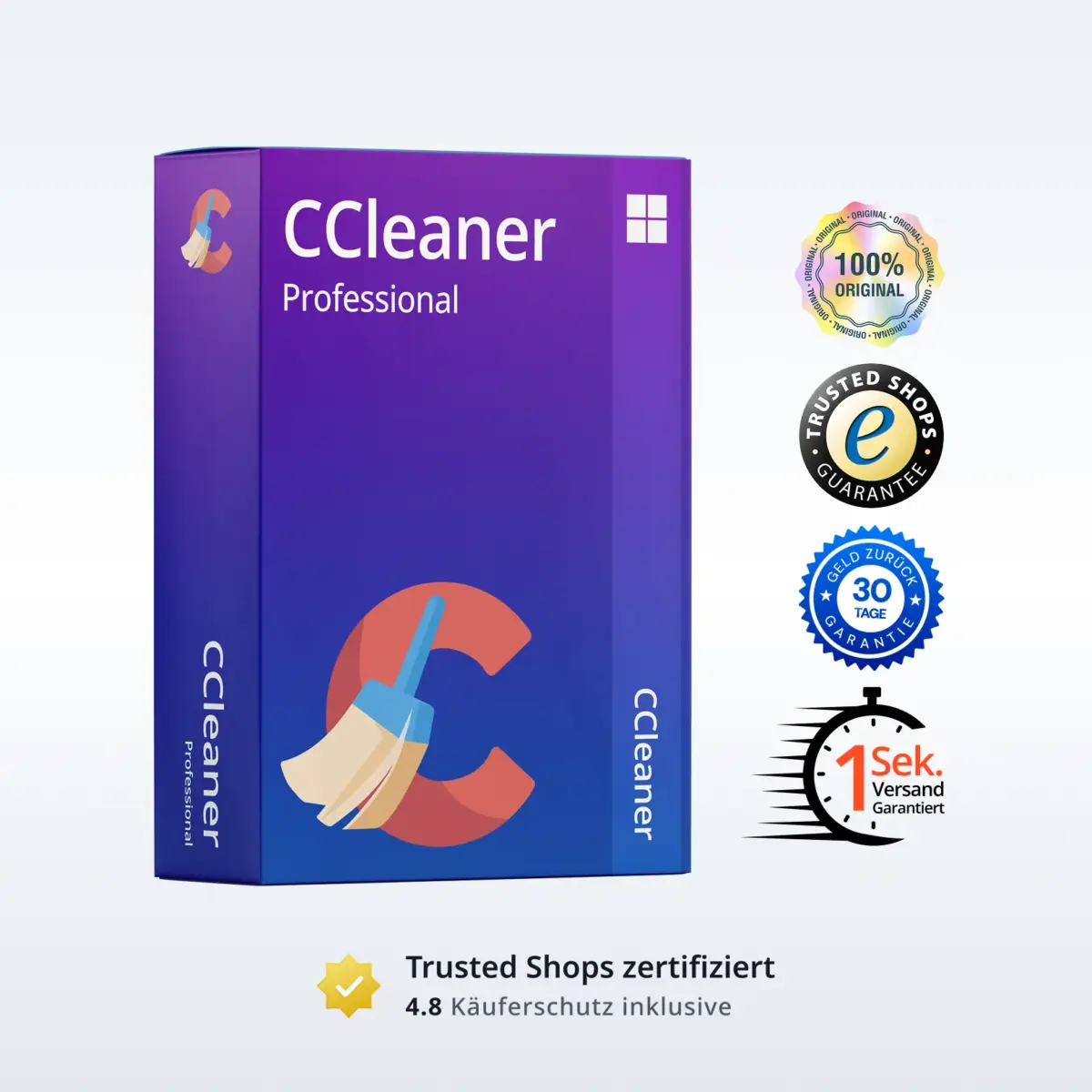 CCleaner Professional Produktbild mit Trust‑Badges und Bewertungs‑Icons