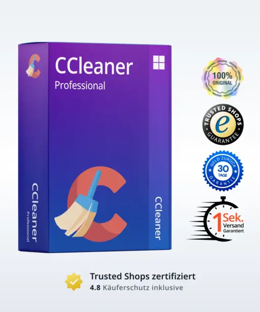 CCleaner Professional Produktbild mit Trust‑Badges und Bewertungs‑Icons