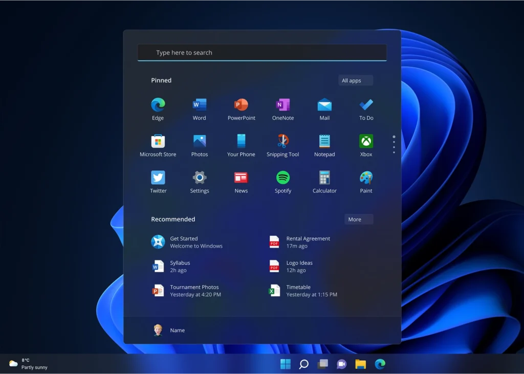 Windows 11 Startmenü mit Apps und Empfehlungen im modernen Look