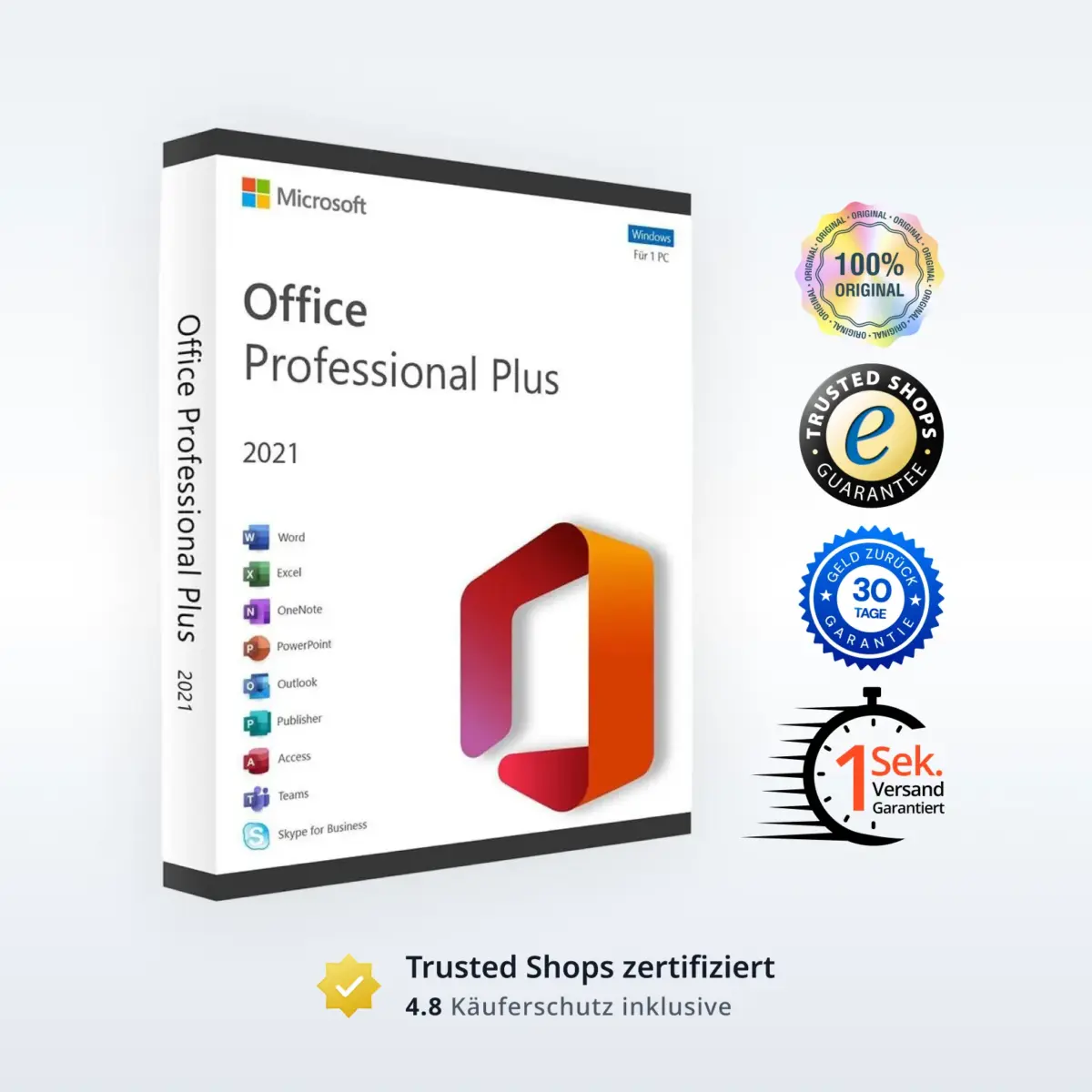 Office Professional Plus 2021 Produktbox mit App-Icons und umfassenden Garantiesiegeln