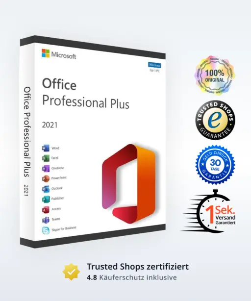 Office Professional Plus 2021 Produktbox mit App-Icons und umfassenden Garantiesiegeln