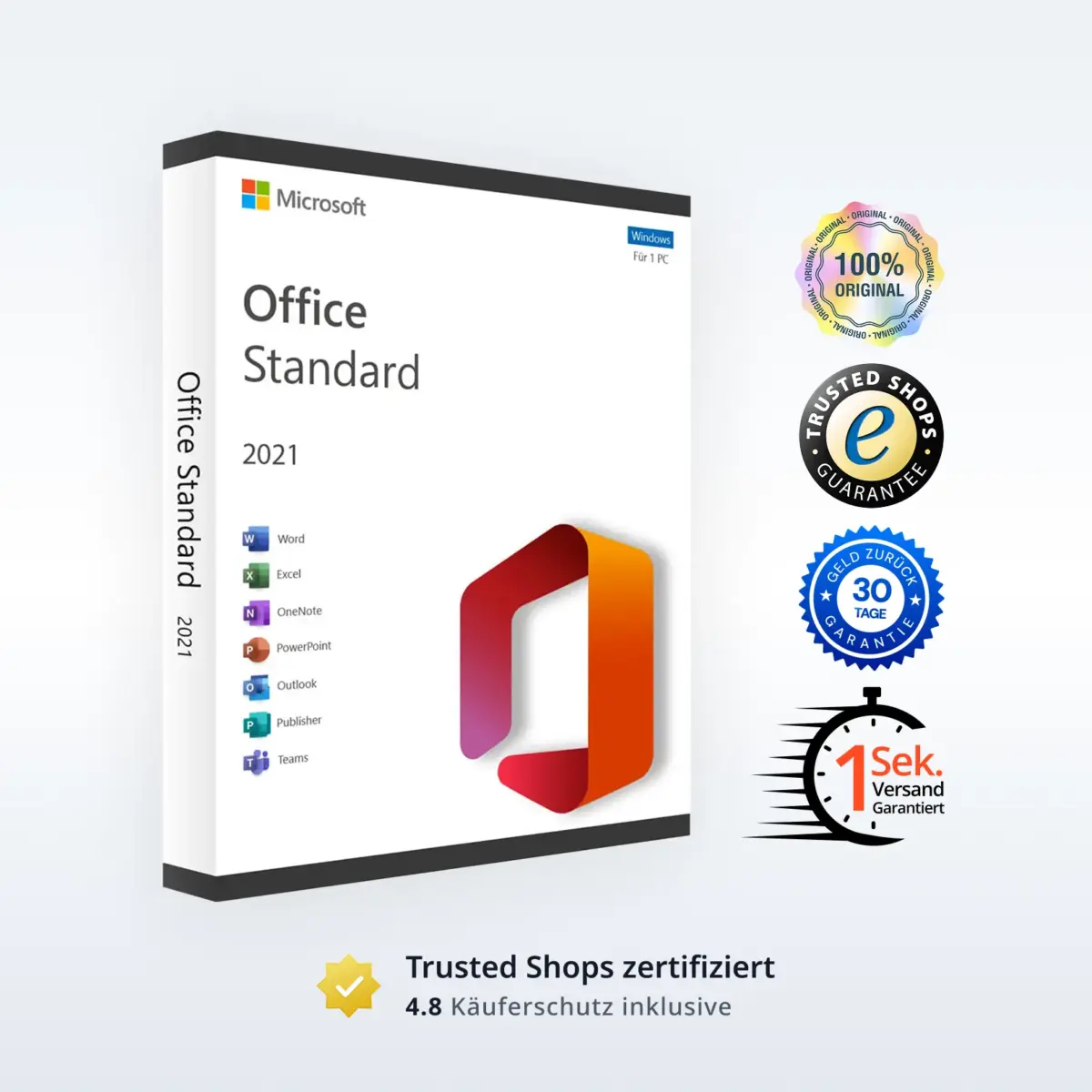 Microsoft Office Standard 2021 Box mit Programmliste und umfangreichen Garantiesiegeln