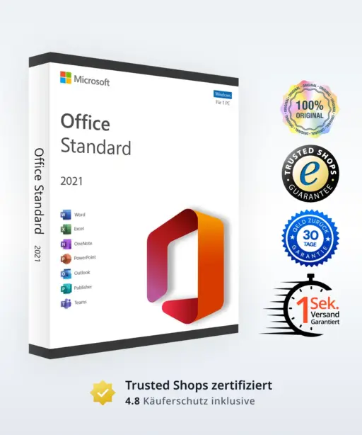 Microsoft Office Standard 2021 Box mit Programmliste und umfangreichen Garantiesiegeln