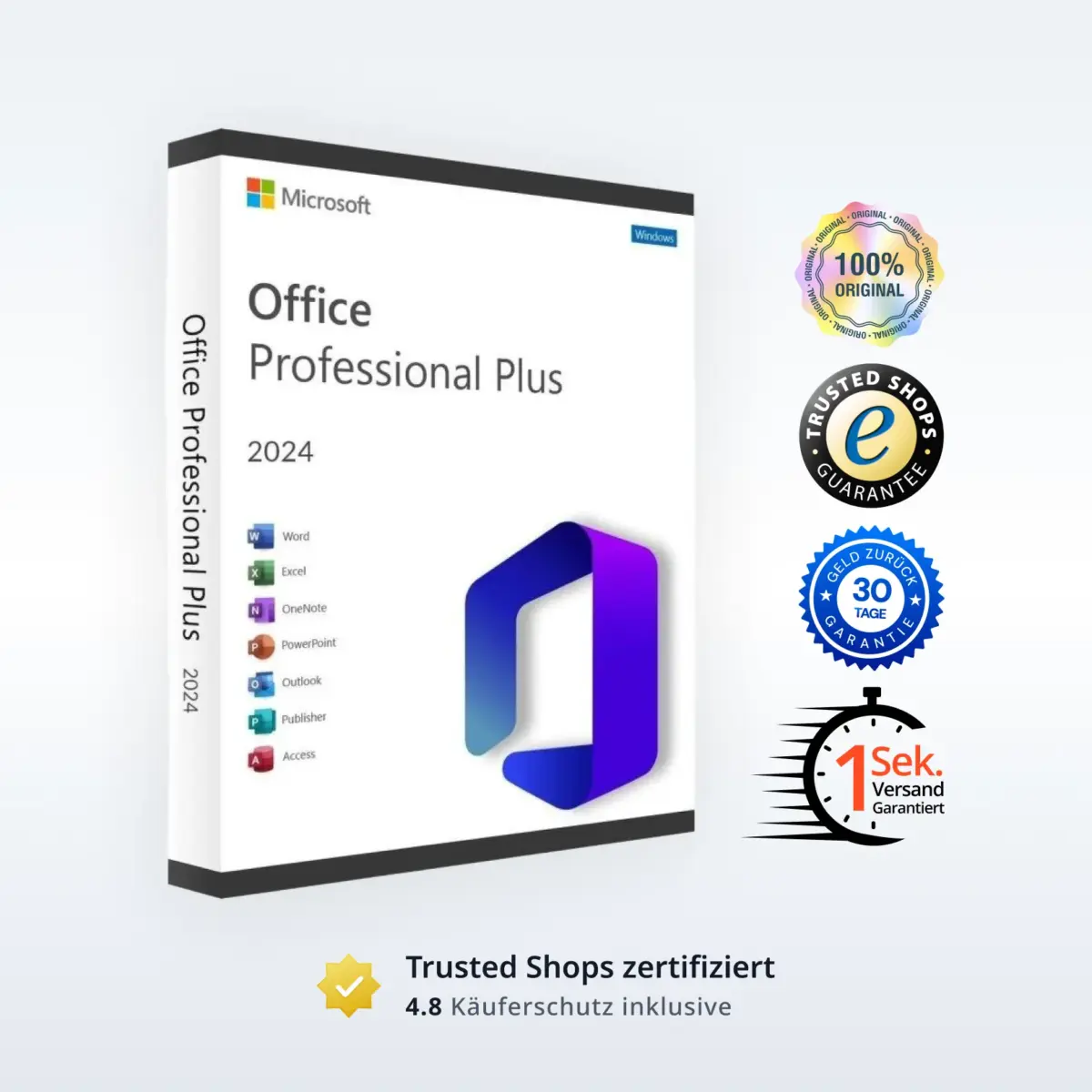 Microsoft Office Professional Plus 2024 Verpackung mit Garantiesiegeln und Trusted Shops Bewertung