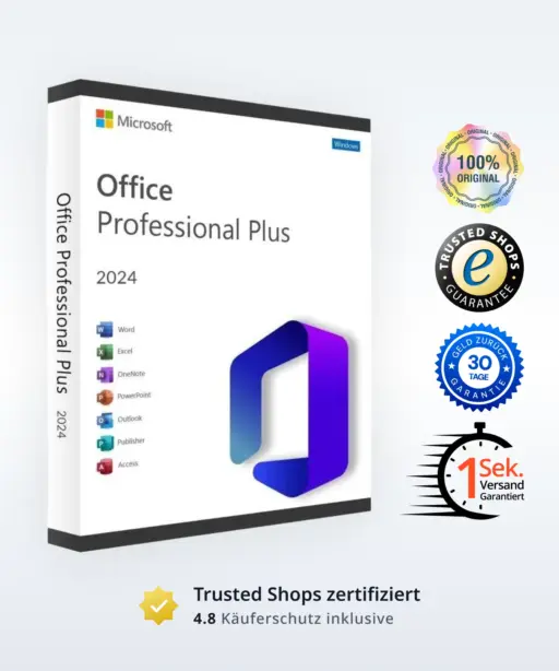 Microsoft Office Professional Plus 2024 Verpackung mit Garantiesiegeln und Trusted Shops Bewertung