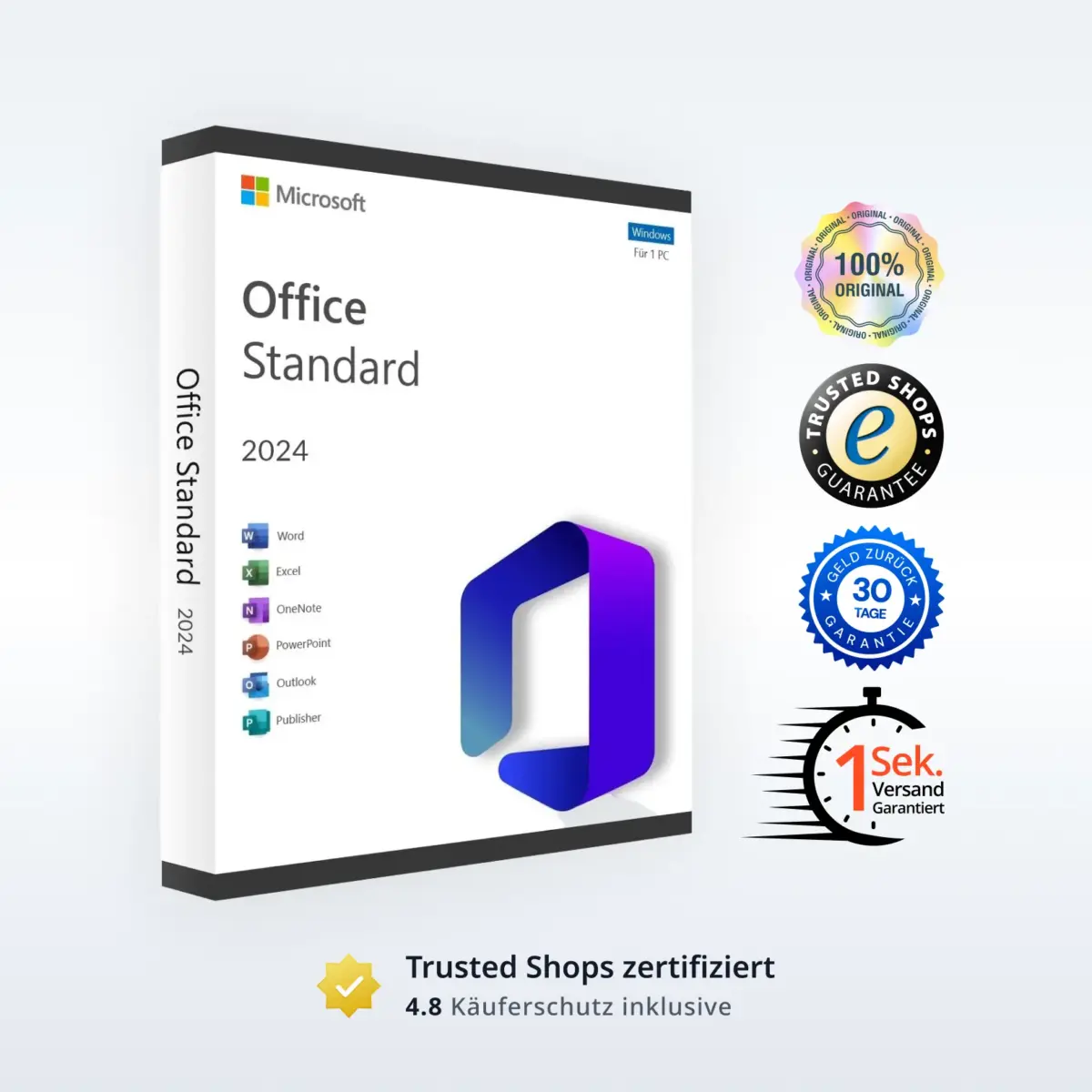 Microsoft Office Standard 2024 Produktbox mit Garantie-Icons und Trustpilot-Bewertungen