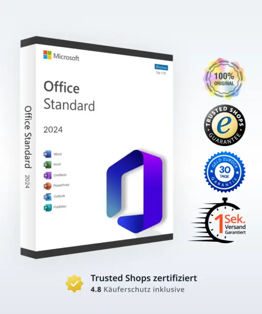 Microsoft Office Standard 2024 Produktbox mit Garantie-Icons und Trustpilot-Bewertungen