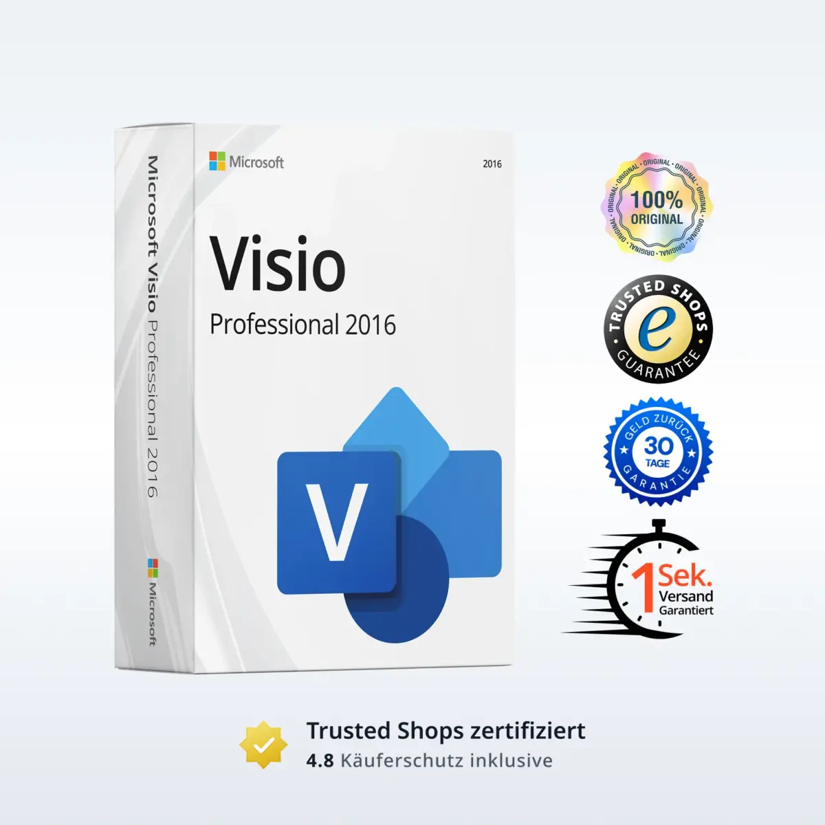 Microsoft Visio Professional 2016 Produktbild mit Trust-Badges und Bewertungs-Icons