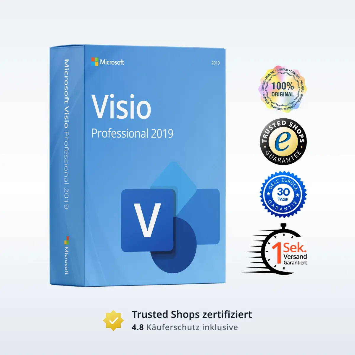 Microsoft Visio Professional 2019 Produktbild mit Trust-Badges und Bewertungs-Icons