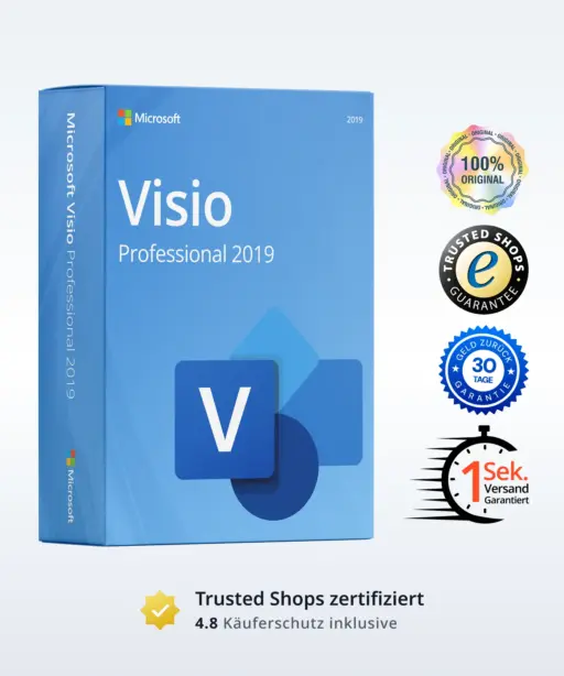 Microsoft Visio Professional 2019 Produktbild mit Trust-Badges und Bewertungs-Icons
