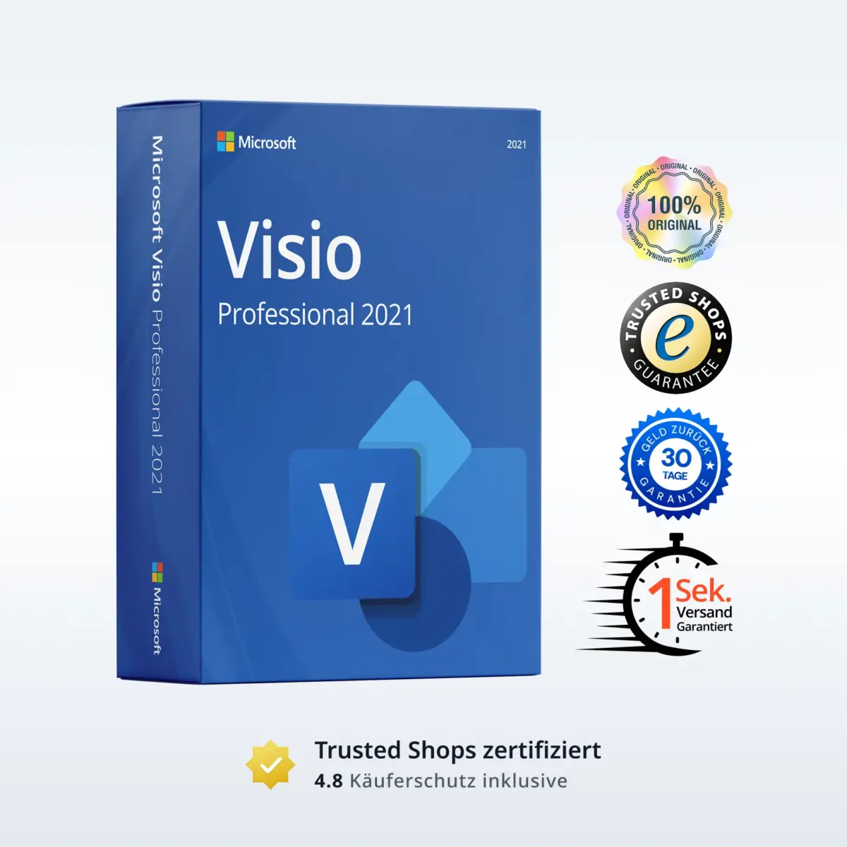 Microsoft Visio Professional 2021 Produktbild mit Trust-Badges und Bewertungs-Icons