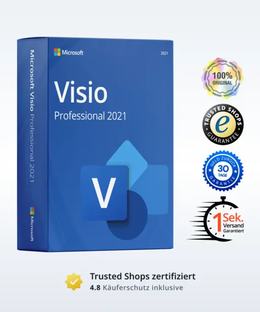 Microsoft Visio Professional 2021 Produktbild mit Trust-Badges und Bewertungs-Icons