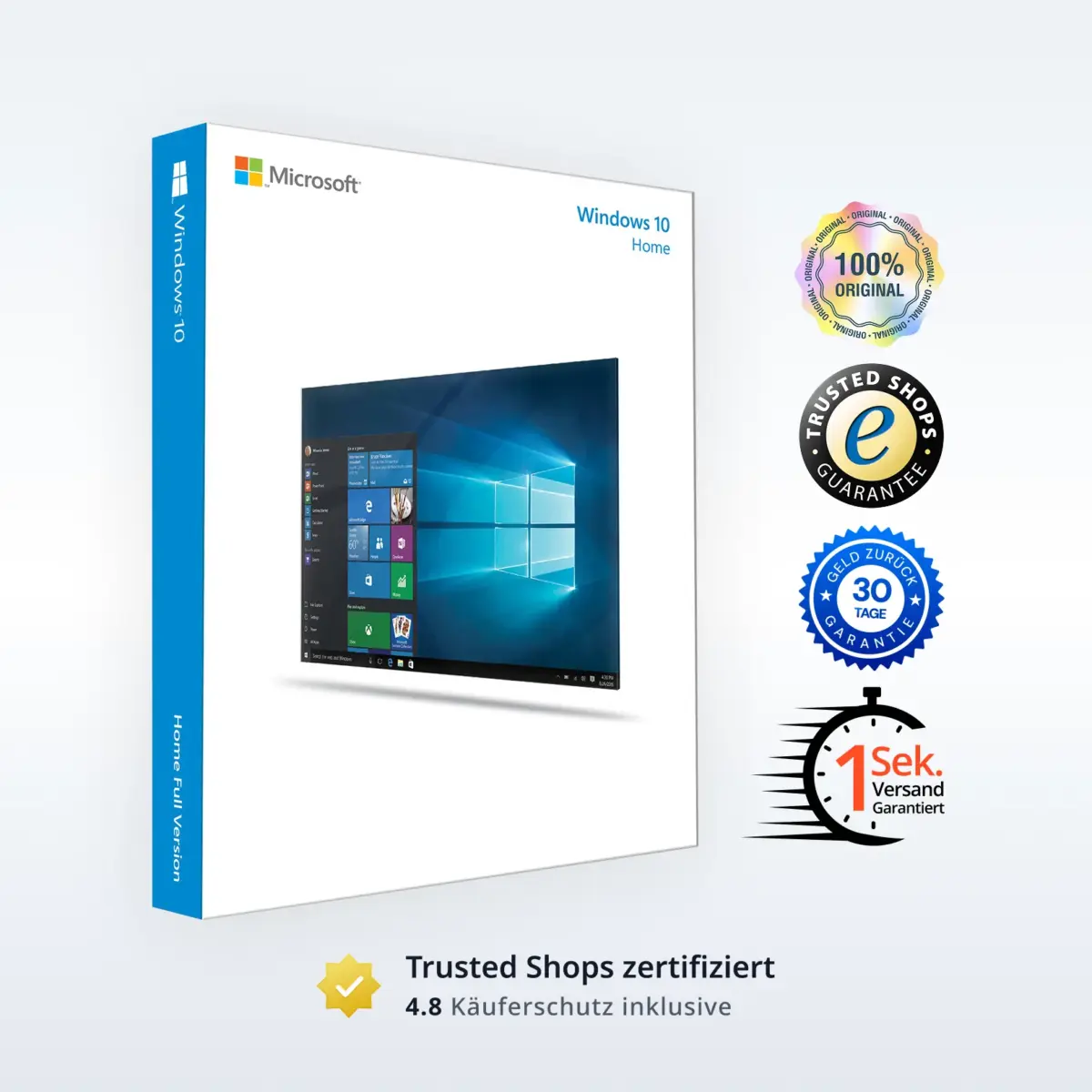 Windows 10 Home Produktverpackung mit Desktop-Vorschau und zertifizierten Garantiesiegeln