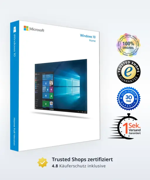 Windows 10 Home Produktverpackung mit Desktop-Vorschau und zertifizierten Garantiesiegeln