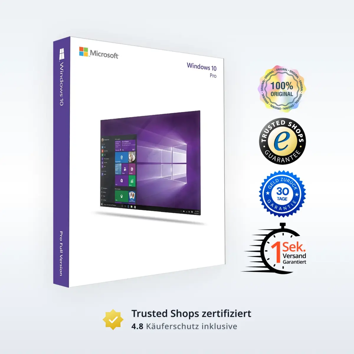 Windows 10 Pro Box mit violettem Desktop-Hintergrund und vollständigen Garantiesiegeln