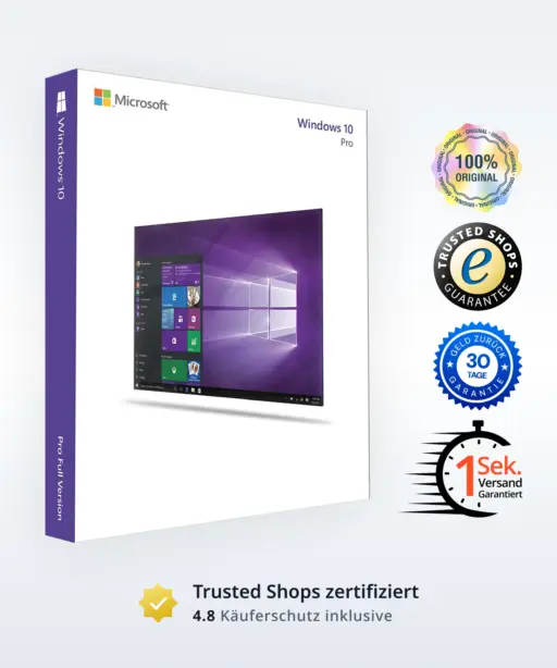 Windows 10 Pro Box mit violettem Desktop-Hintergrund und vollständigen Garantiesiegeln