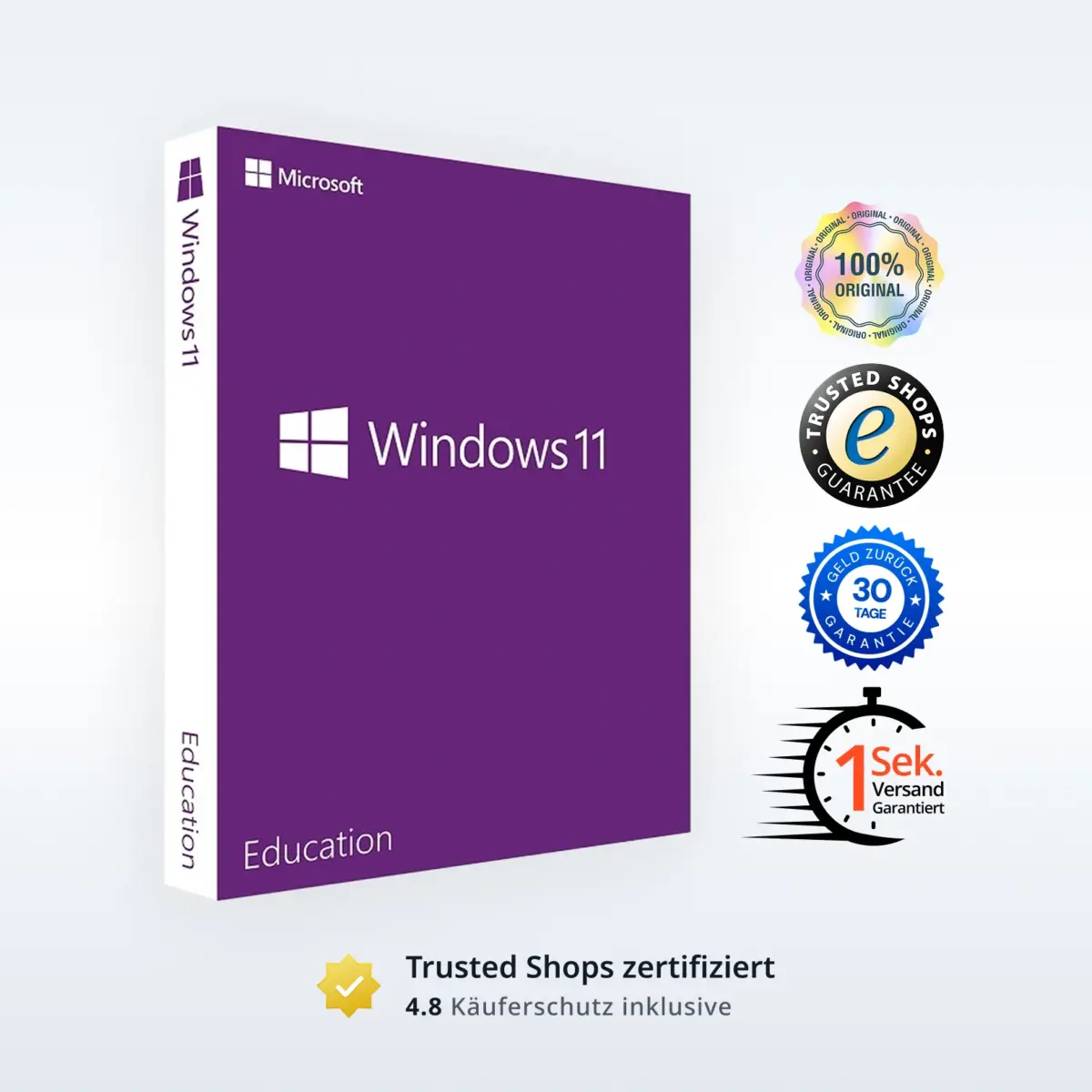 Windows 11 Education Verpackung in Lila mit umfassenden Vertrauenssiegeln für Bildungseinrichtungen
