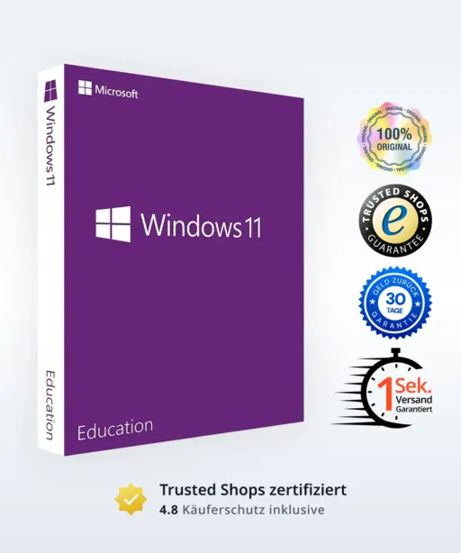 Windows 11 Education Verpackung in Lila mit umfassenden Vertrauenssiegeln für Bildungseinrichtungen