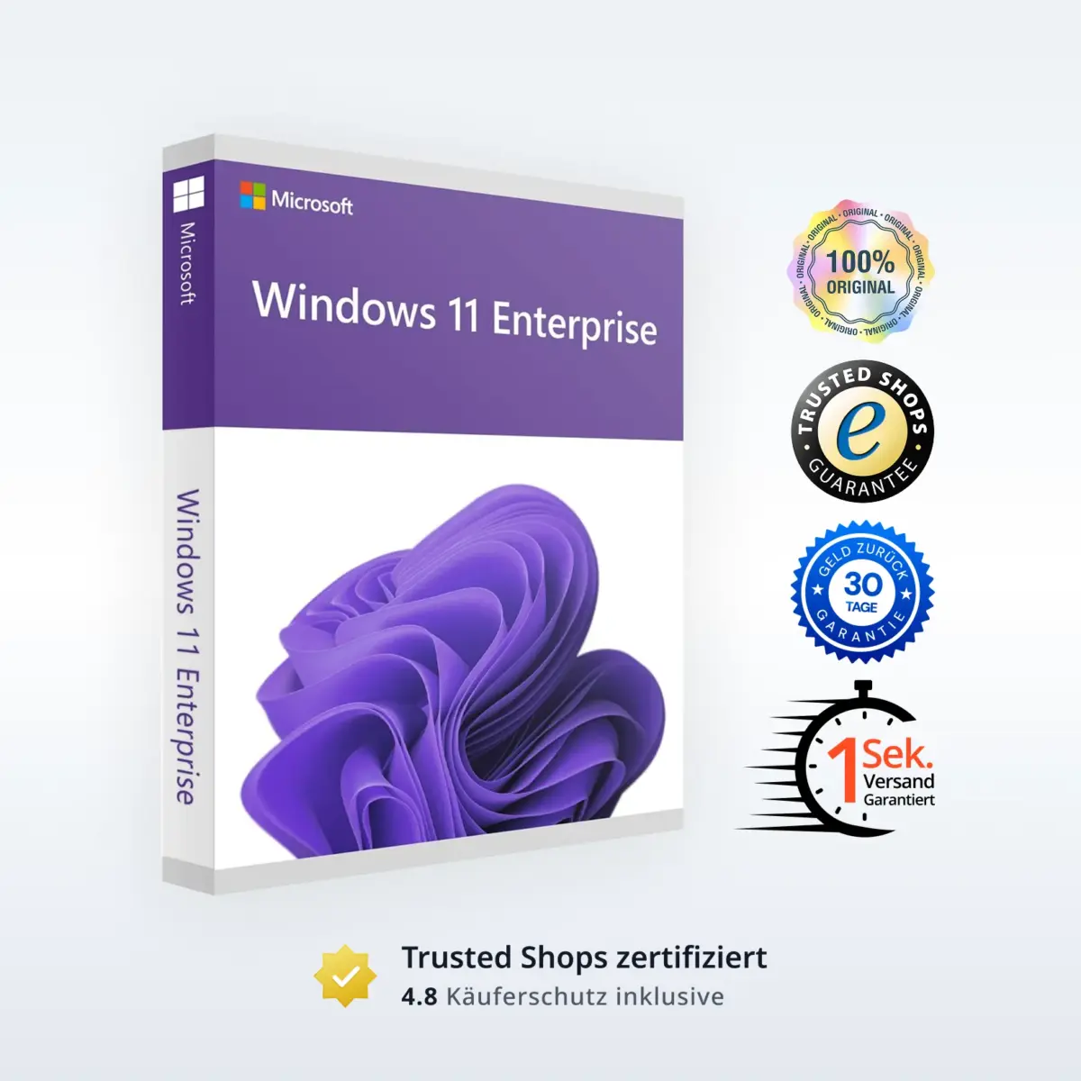 Windows 11 Enterprise Box mit lila Design und umfassenden Garantiesiegeln für Unternehmen