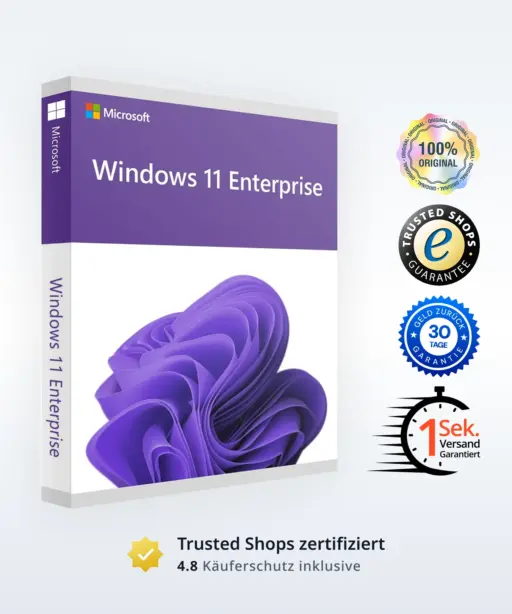 Windows 11 Enterprise Box mit lila Design und umfassenden Garantiesiegeln für Unternehmen