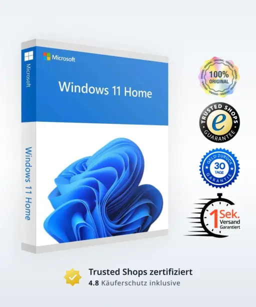 Windows 11 Home Produktverpackung mit Garantiesiegeln und sofortigem Versandversprechen