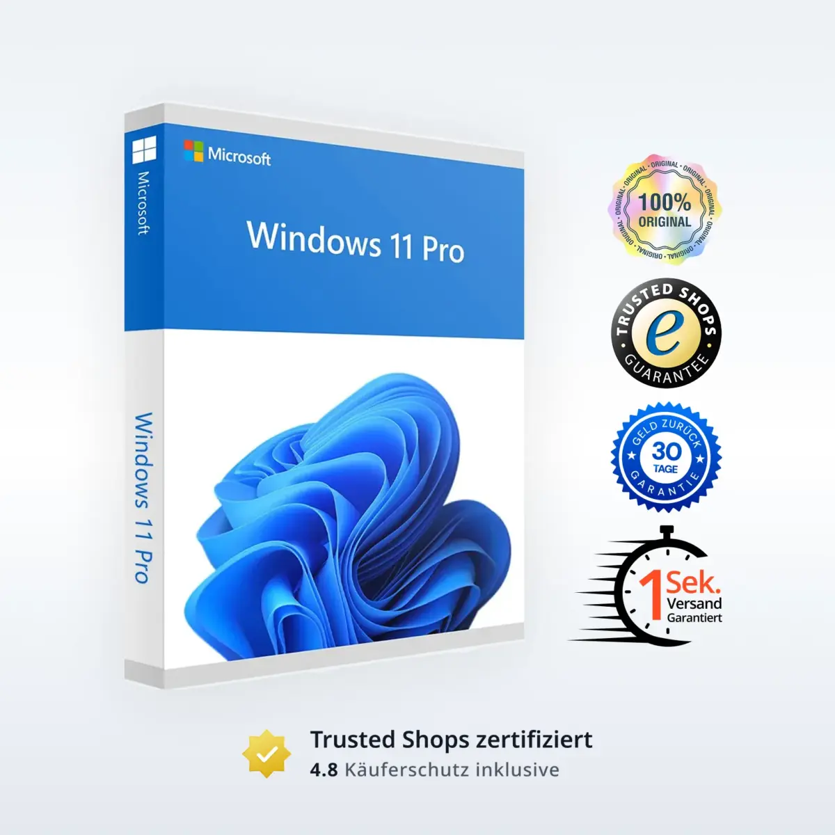 Windows 11 Pro Produktbox mit Originalitäts‐ und Versandgarantien von LizenzHub