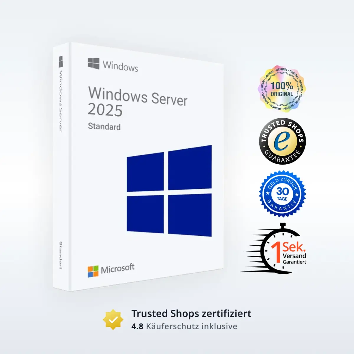 Windows Server 2025 Standard Produktverpackung mit Microsoft-Logo und geprüften Garantiesiegeln