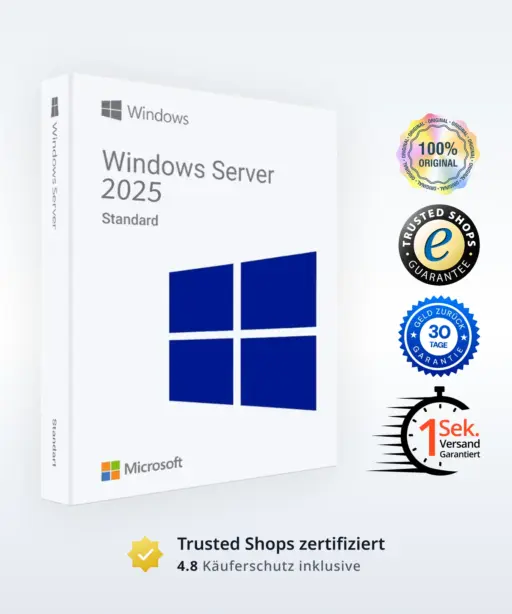 Windows Server 2025 Standard Produktverpackung mit Microsoft-Logo und geprüften Garantiesiegeln