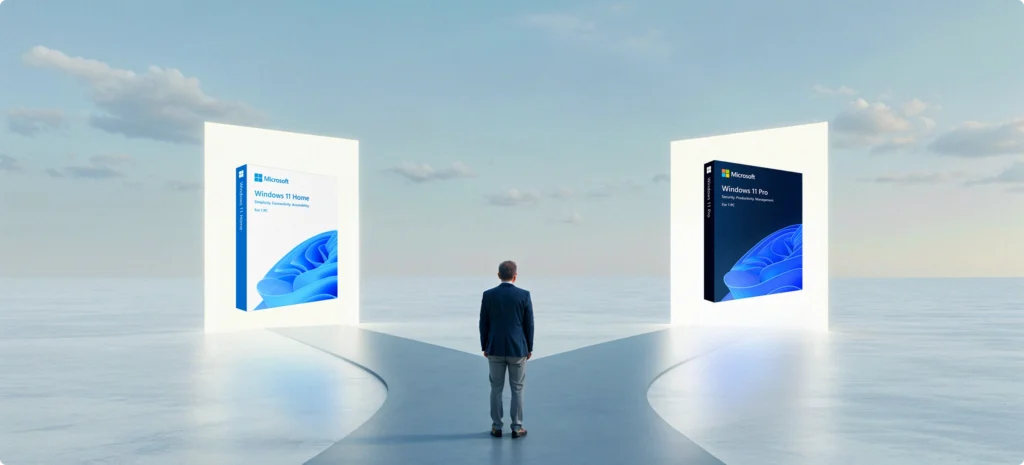 Mann steht vor Entscheidung zwischen Windows 11 Home und Windows 11 Pro Boxen auf futuraler Gabelung