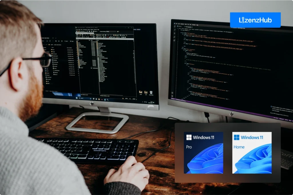 Entwickler arbeitet mit Windows 11 – Pro und Home Edition im Überblick bei LizenzHub