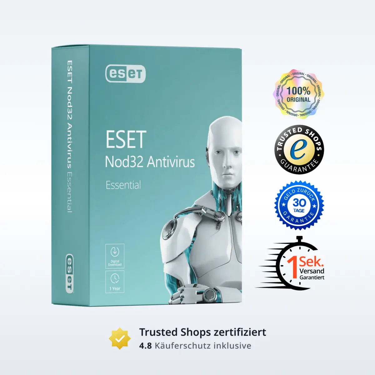 Eine tealfarbene ESET Nod32 Antivirus Essential Software-Box mit einem silbernen humanoiden Roboter auf der Vorderseite. Daneben befinden sich Abzeichen für Originalität, Trusted Shops, 30-Tage-Garantie, 1-Sekunden-Versand und Trustpilot 5-Sterne-Bewertung.