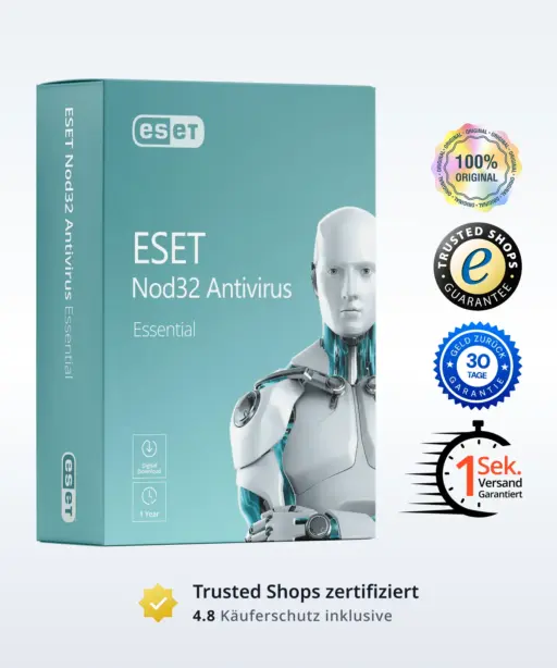 Eine tealfarbene ESET Nod32 Antivirus Essential Software-Box mit einem silbernen humanoiden Roboter auf der Vorderseite. Daneben befinden sich Abzeichen für Originalität, Trusted Shops, 30-Tage-Garantie, 1-Sekunden-Versand und Trustpilot 5-Sterne-Bewertung.