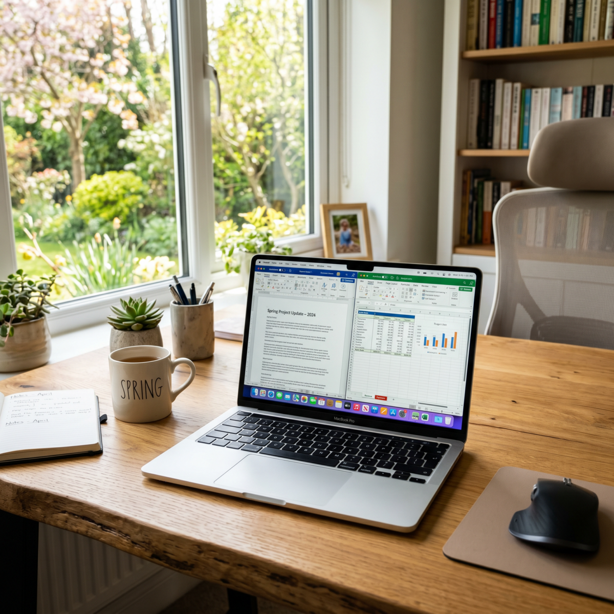 Ein Laptop, auf dem Office 2024 Standard für MAC läuft, zeigt Tabellen und Dokumente auf einem hölzernen Schreibtisch an einem Fenster mit Blick auf den Garten. In der Nähe befinden sich eine SPRING-Tasse, Topfpflanzen, Notebook, Maus und Bücher in den Regalen.