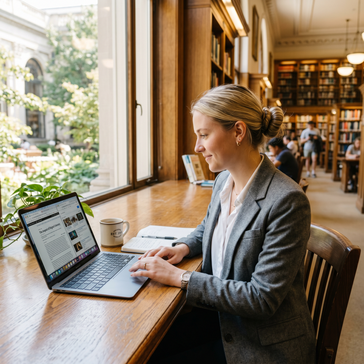 Eine Frau im Blazer lächelt, während sie an einem Laptop mit Office 2024 Standard für MAC an einem Holztisch in einer Bibliothek arbeitet, neben sich ein Notizbuch, einen Stift und einen Kaffee. Im Hintergrund sind Bücherregale und andere Personen zu sehen.