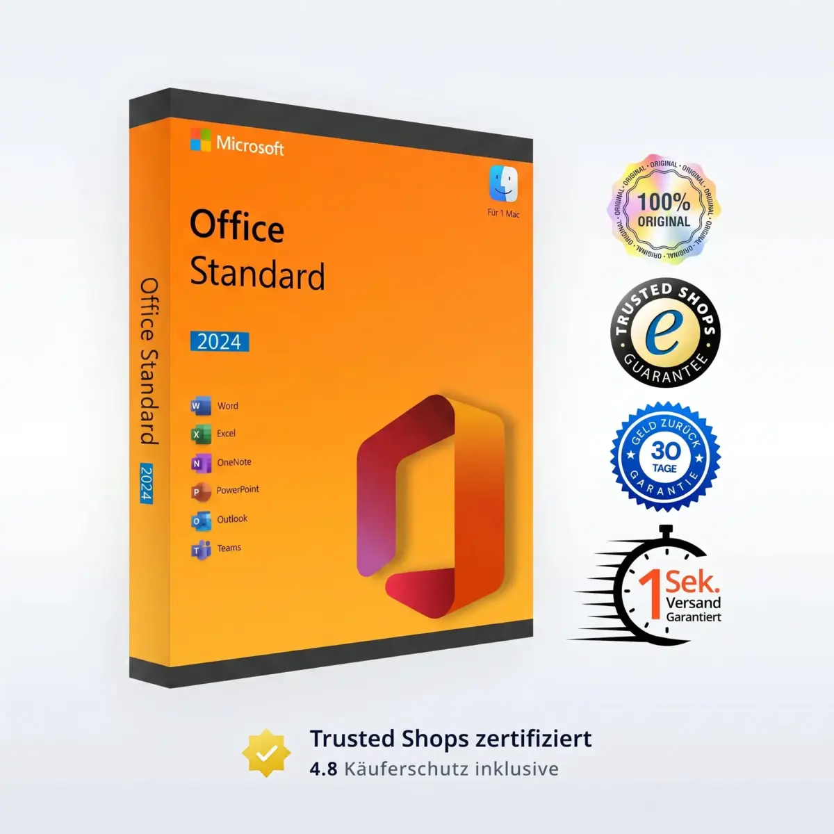 Abbildung einer orangefarbenen Office 2024 Standard für MAC-Box mit Symbolen für Word, Excel, OneNote, PowerPoint, Outlook und Teams. Auf der rechten Seite sind Zertifizierungs- und Garantieplaketten abgebildet.
