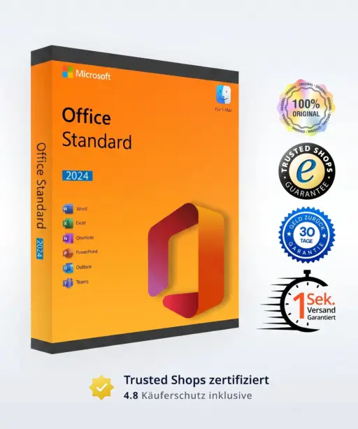 Abbildung einer orangefarbenen Office 2024 Standard für MAC-Box mit Symbolen für Word, Excel, OneNote, PowerPoint, Outlook und Teams. Auf der rechten Seite sind Zertifizierungs- und Garantieplaketten abgebildet.