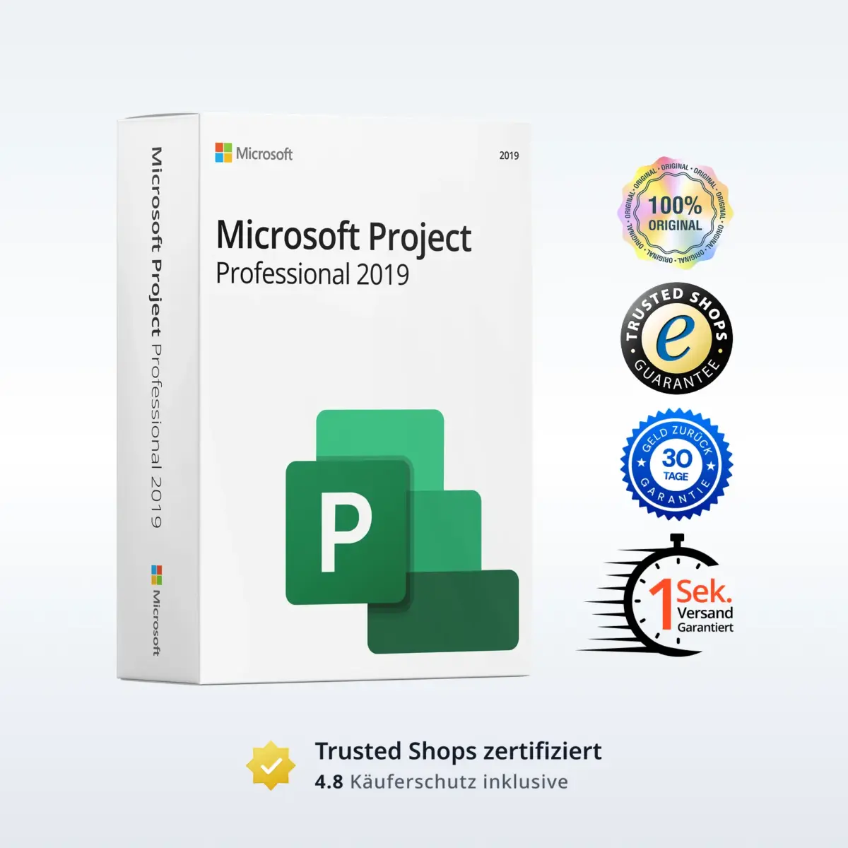 Microsoft Project Professional 2019 Produktbild mit Trust-Badges und Bewertungs-Icons