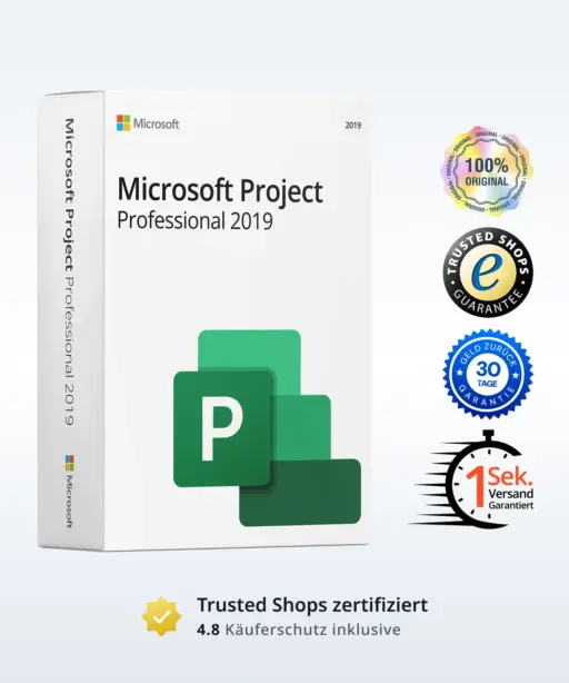 Microsoft Project Professional 2019 Produktbild mit Trust-Badges und Bewertungs-Icons